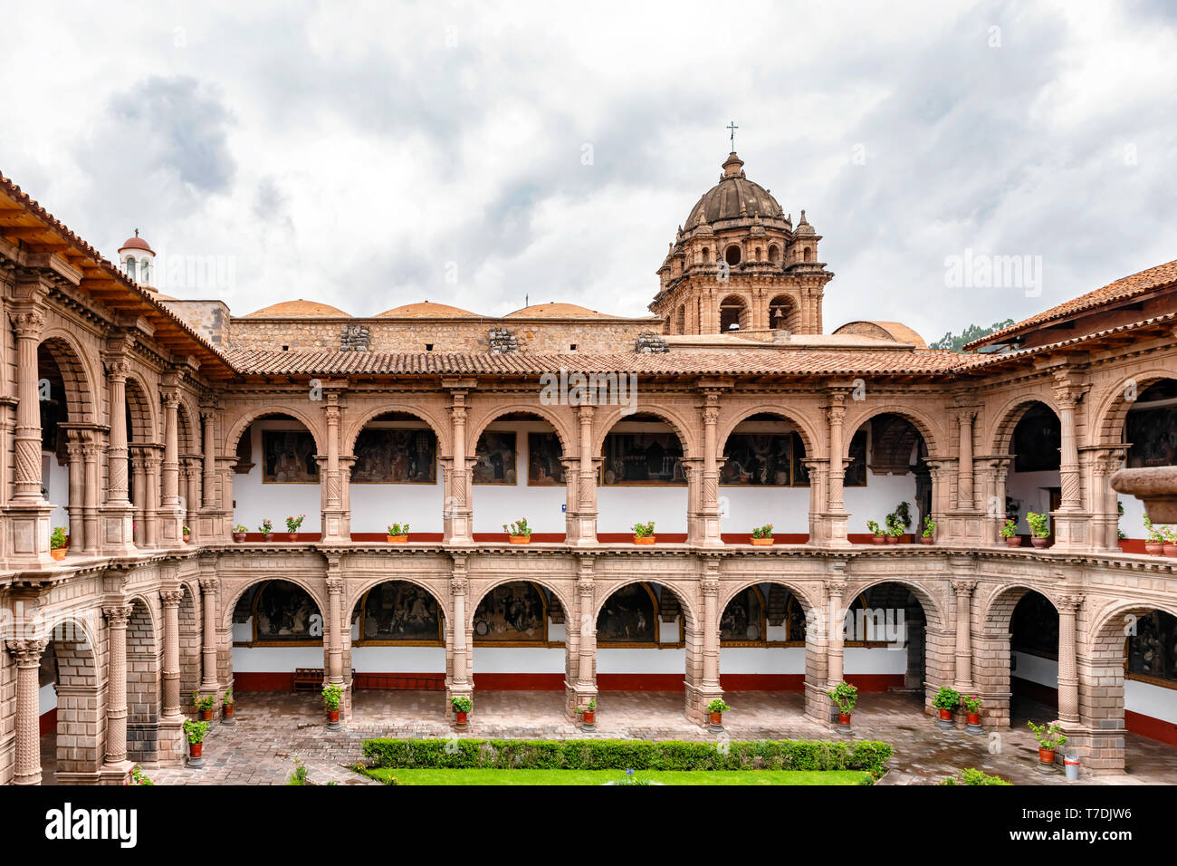 Cusco, Peru - April 3, 2019: Courtyard of Convent of Order of Our Lady of Mercy located in Plaza Espinar, in the historic center of the Cusco city, Pe Stock Photo