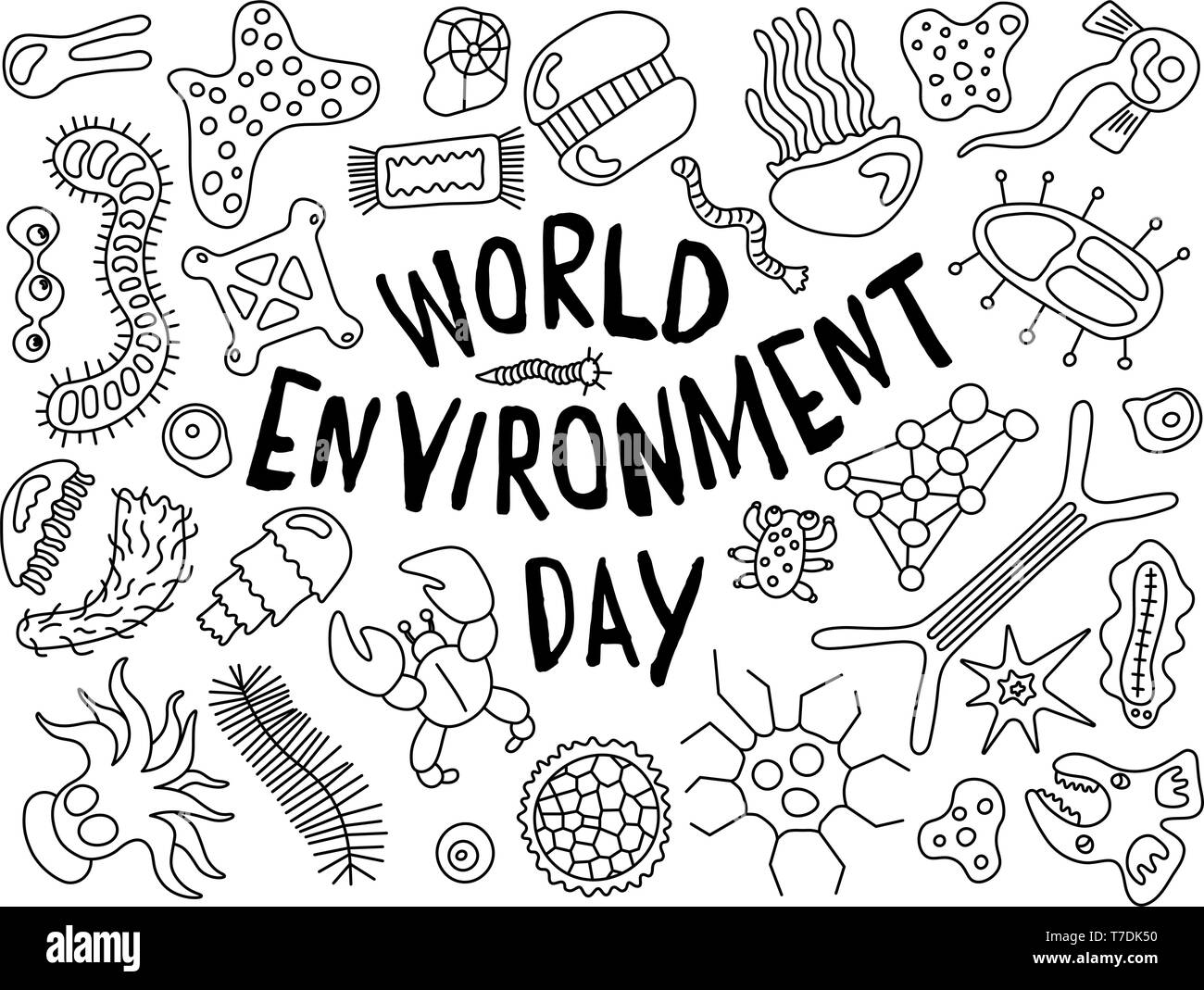 World environment day doodle. Various microorganisms background pattern. Backdrop with infectious germs, protists, microbes, disease causing bacteria, Stock Vector