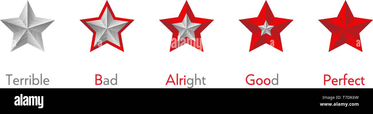 Star rating symbols with 5 star. Terrible, bad, alright, good, perfect rank set. Quality feedback experience level concepts. Isolated vector badge for Stock Vector