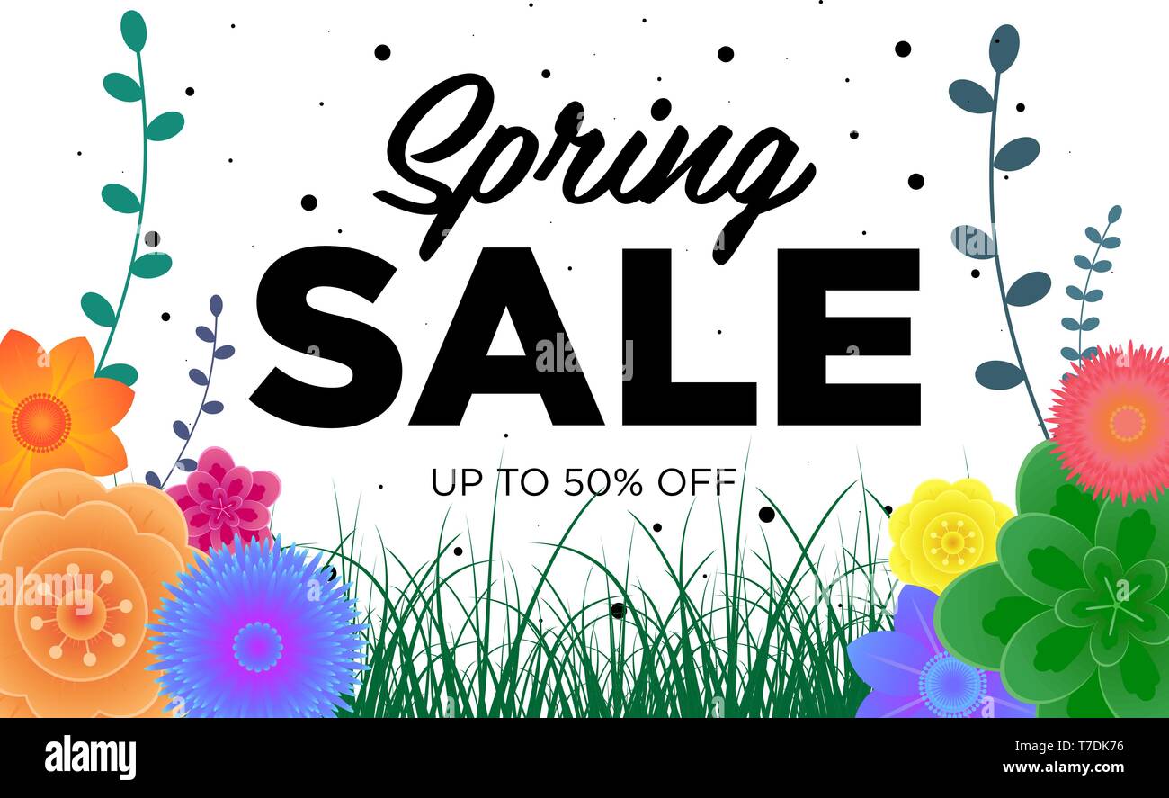 Spring sale offer promotion banner with beautiful colorful flower. Special discounts mockup. Poster for promotions, magazines, advertising, web sites. Stock Vector