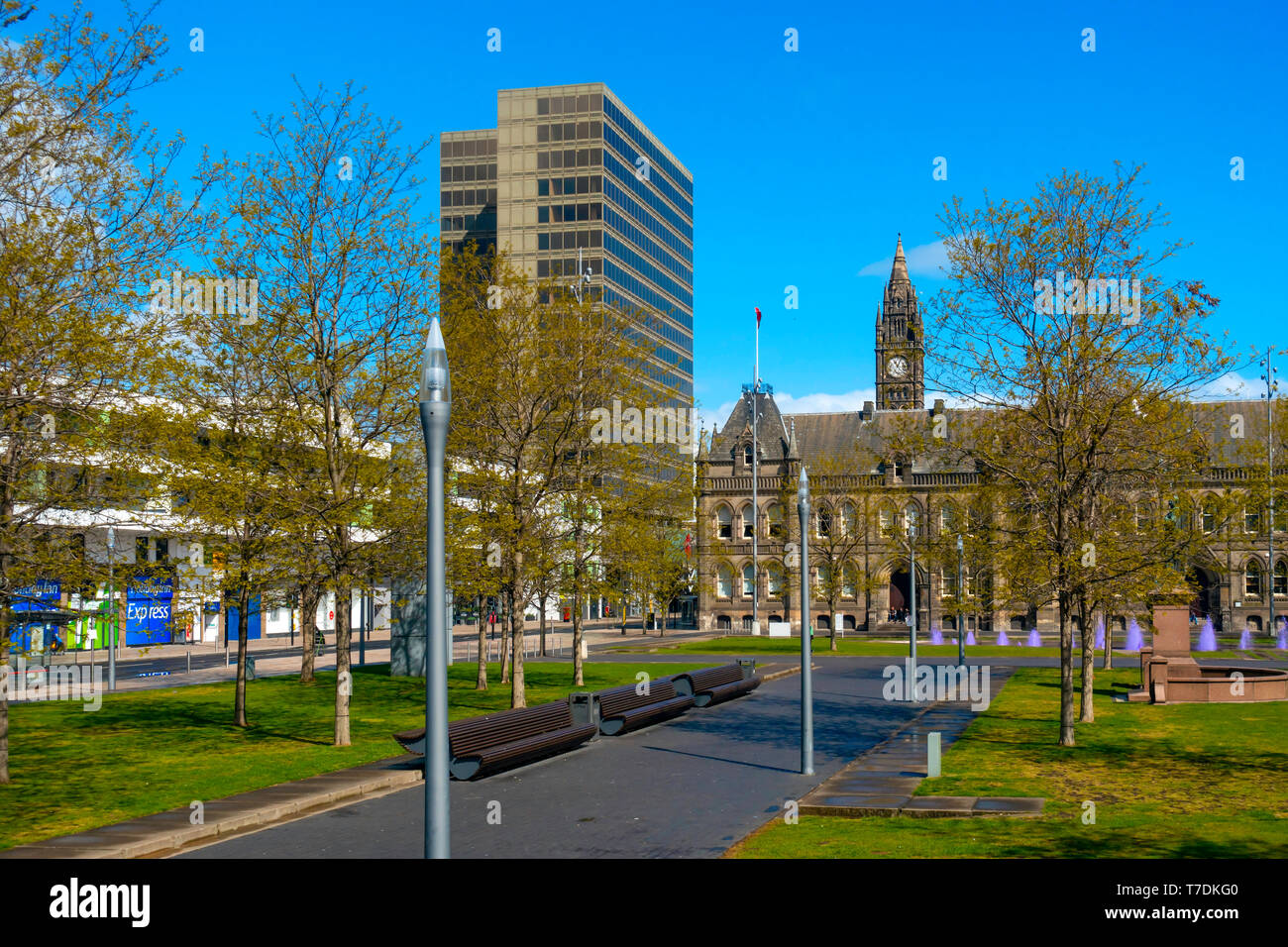 The North West corner of Centre Square Middlesbrough Cleveland with the Town Hall and a glass office block quiet on a Bank Holiday morning Stock Photo