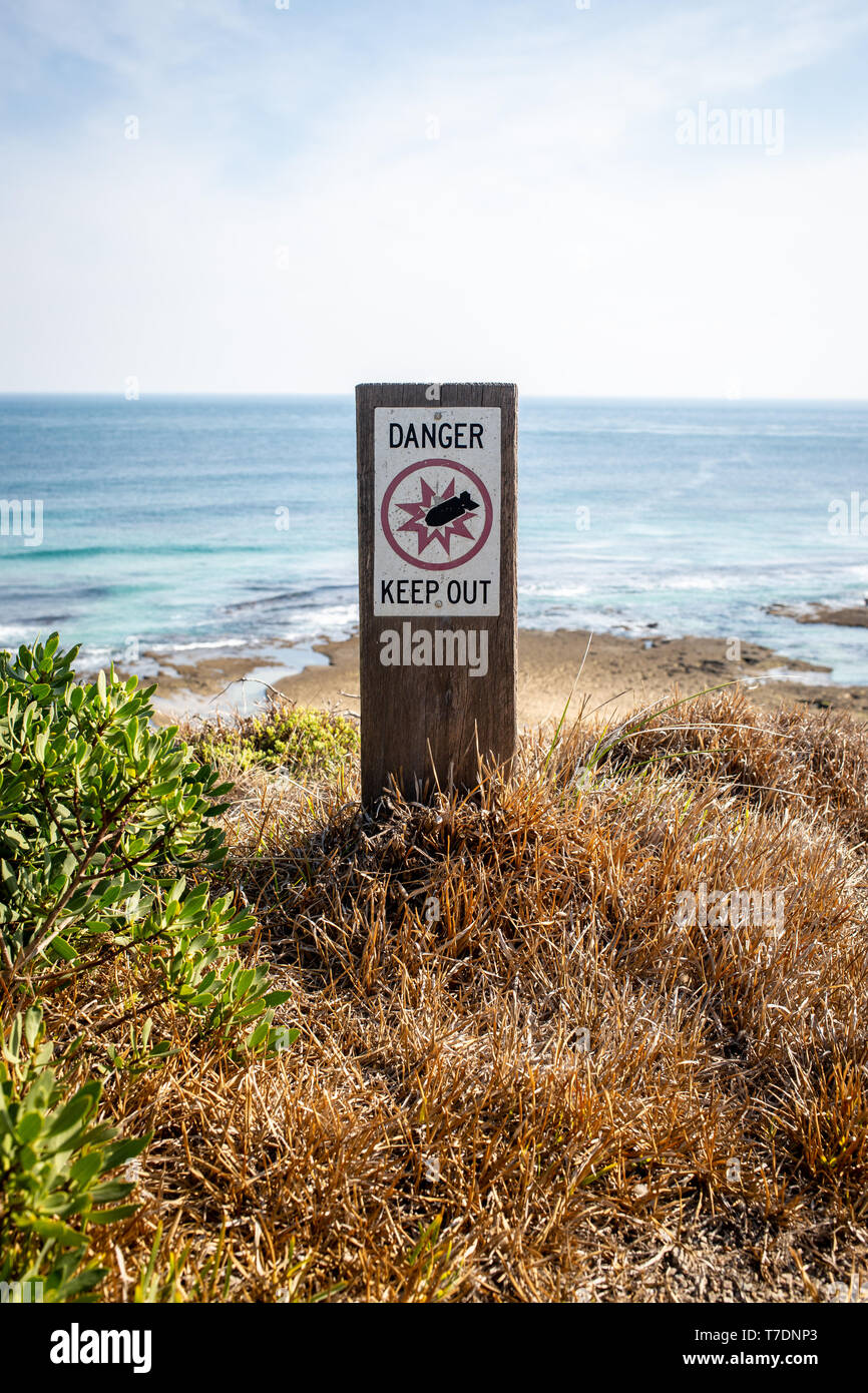 Unexploded bomb signs Point Nepean National Park Stock Photo