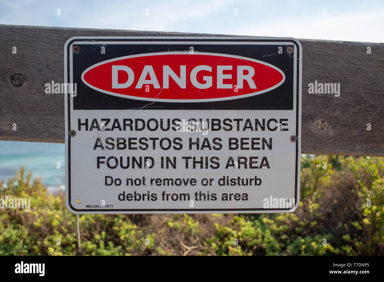 Asbestos Hazardous Warning Sign at Point Nepean National Park Stock Photo