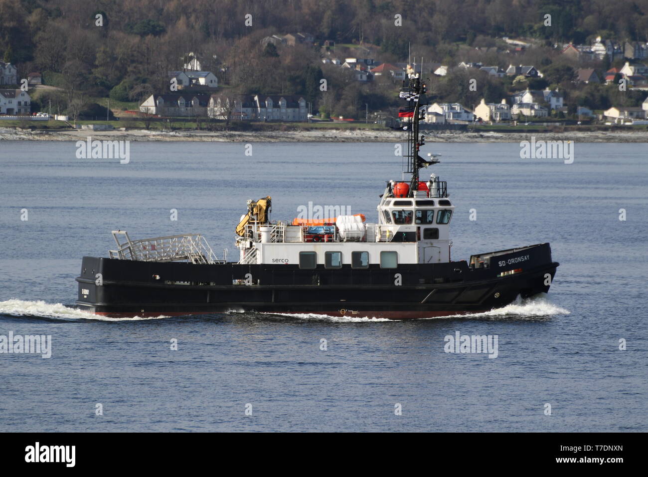 SD Oronsay, an Oban-class tender operated by the Serco Marine Services, passing Gourock during Exercise Joint Warrior 19-1. Stock Photo