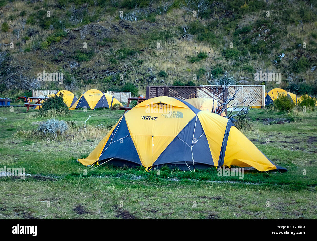 April 2019: Lodging, camp sites, and meals are available to hikers at Refugio Paine Grande along the 71km W Circuit and 115km Paine Circuit, Torres del Paine National Park, Patagonia, Chile. Stock Photo