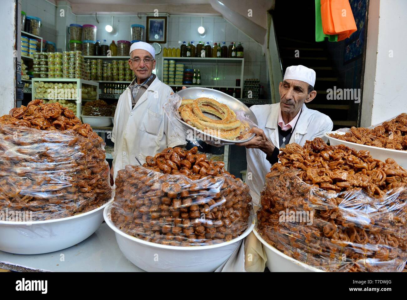 Rabat, Morocco. 6th May, 2019. A vendor presents Moroccan sweeties at a  food market ahead of