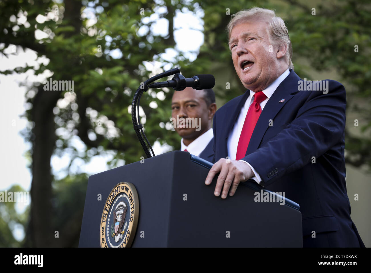 Washington, District of Columbia, USA. 6th May, 2019. United States President Donald J. Trump delivers remarks during a ceremony in the Rose Garden of the White House to present the Presidential Medal of Freedom to Tiger Woods on May 6, 2019 in Washington, DC. Credit: Oliver Contreras/Pool via CNP Credit: Oliver Contreras/CNP/ZUMA Wire/Alamy Live News Stock Photo