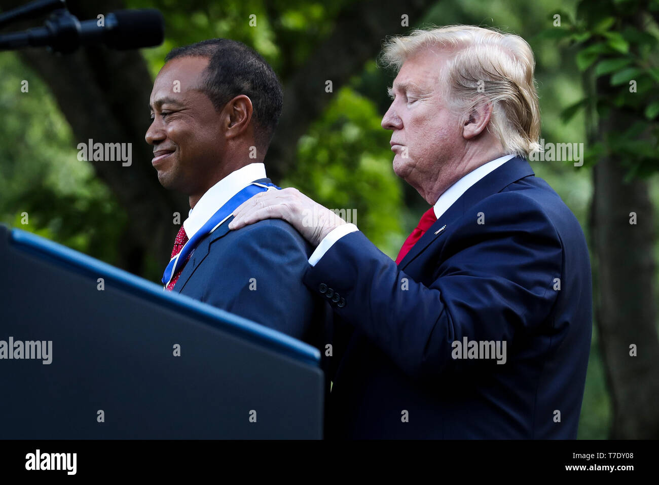 United States President Donald J. Trump presents the Presidential Medal of Freedom to Tiger Woods during a ceremony in the Rose Garden of the White House on May 6, 2019 in Washington, DC. Credit: Oliver Contreras/Pool via CNP /MediaPunch Stock Photo