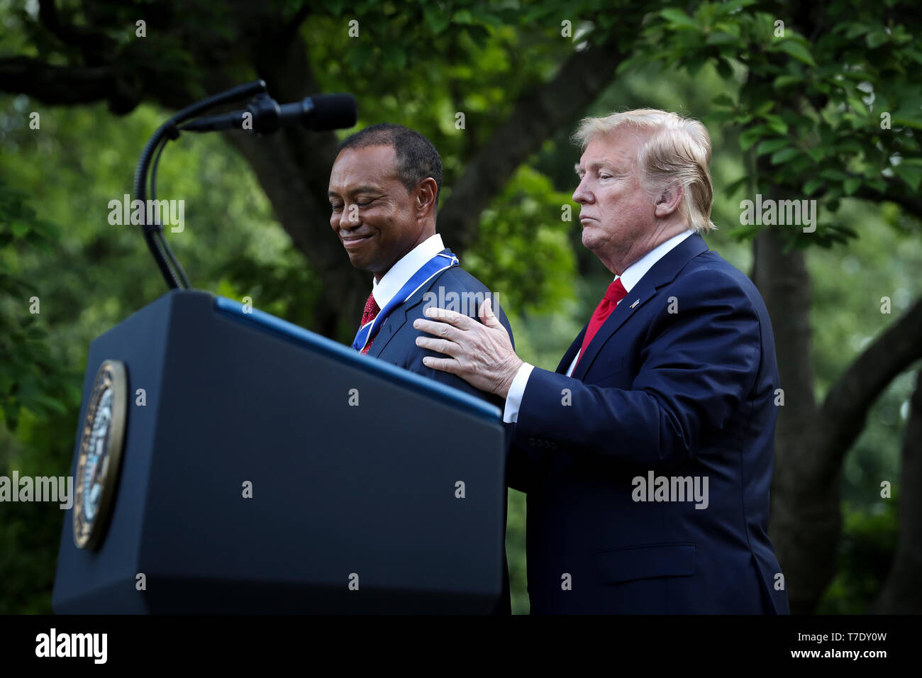 United States President Donald J. Trump presents the Presidential Medal of Freedom to Tiger Woods during a ceremony in the Rose Garden of the White House on May 6, 2019 in Washington, DC. Credit: Oliver Contreras/Pool via CNP /MediaPunch Stock Photo