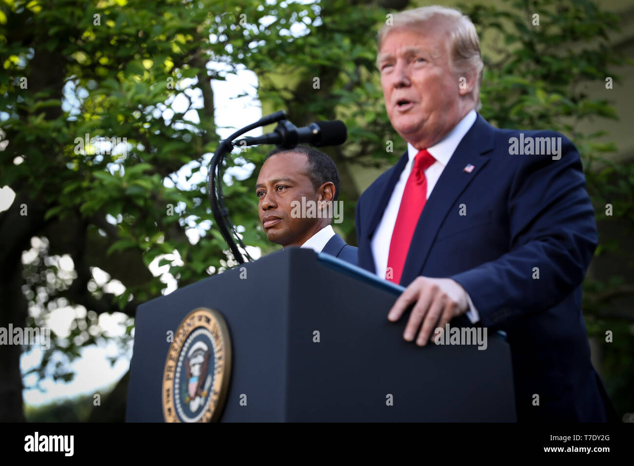 United States President Donald J. Trump delivers remarks during a ceremony in the Rose Garden of the White House to present the Presidential Medal of Freedom to Tiger Woods on May 6, 2019 in Washington, DC. Credit: Oliver Contreras/Pool via CNP /MediaPunch Stock Photo