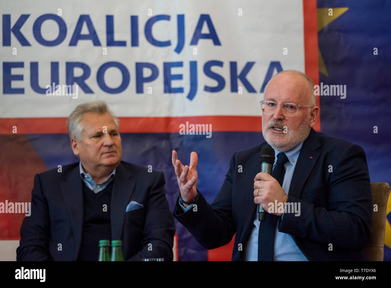 Former President of Poland - Aleksander Kwasniewski and Frans Timmermans  are seen during the debate in Warsaw. Frans Timmermans, vice-president of  the European Commission, paid a visit to Poland. Together with Wlodzimierz