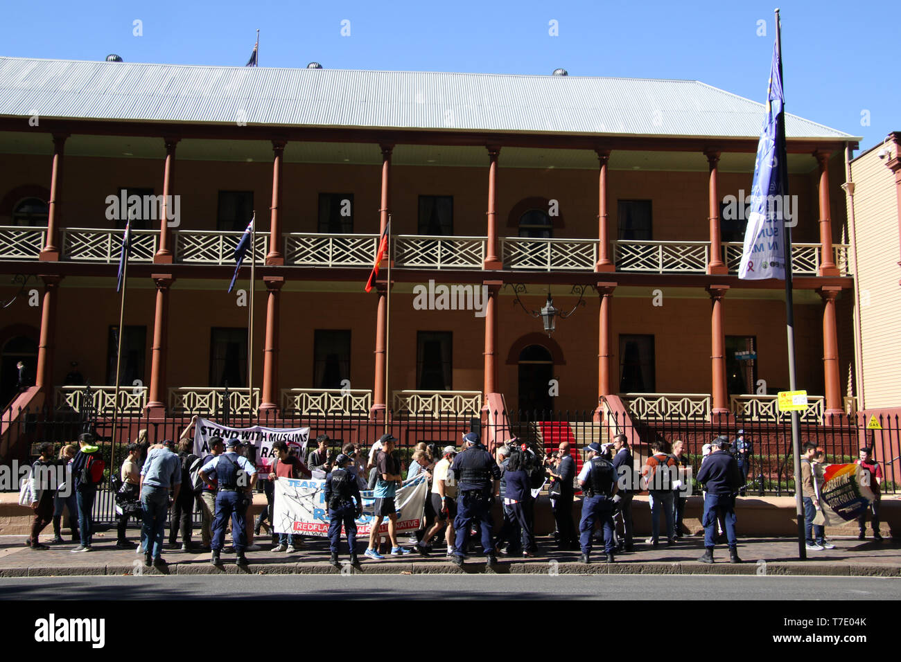 Sydney, Australia. 7th May 2019. ‘NUS Against Racism’ and ‘Unite Against the Far Right’ held a protest outside the NSW Parliament on Macquarie Street on the first sitting day of the NSW Legislative Council. Credit: Richard Milnes/Alamy Live News Stock Photo