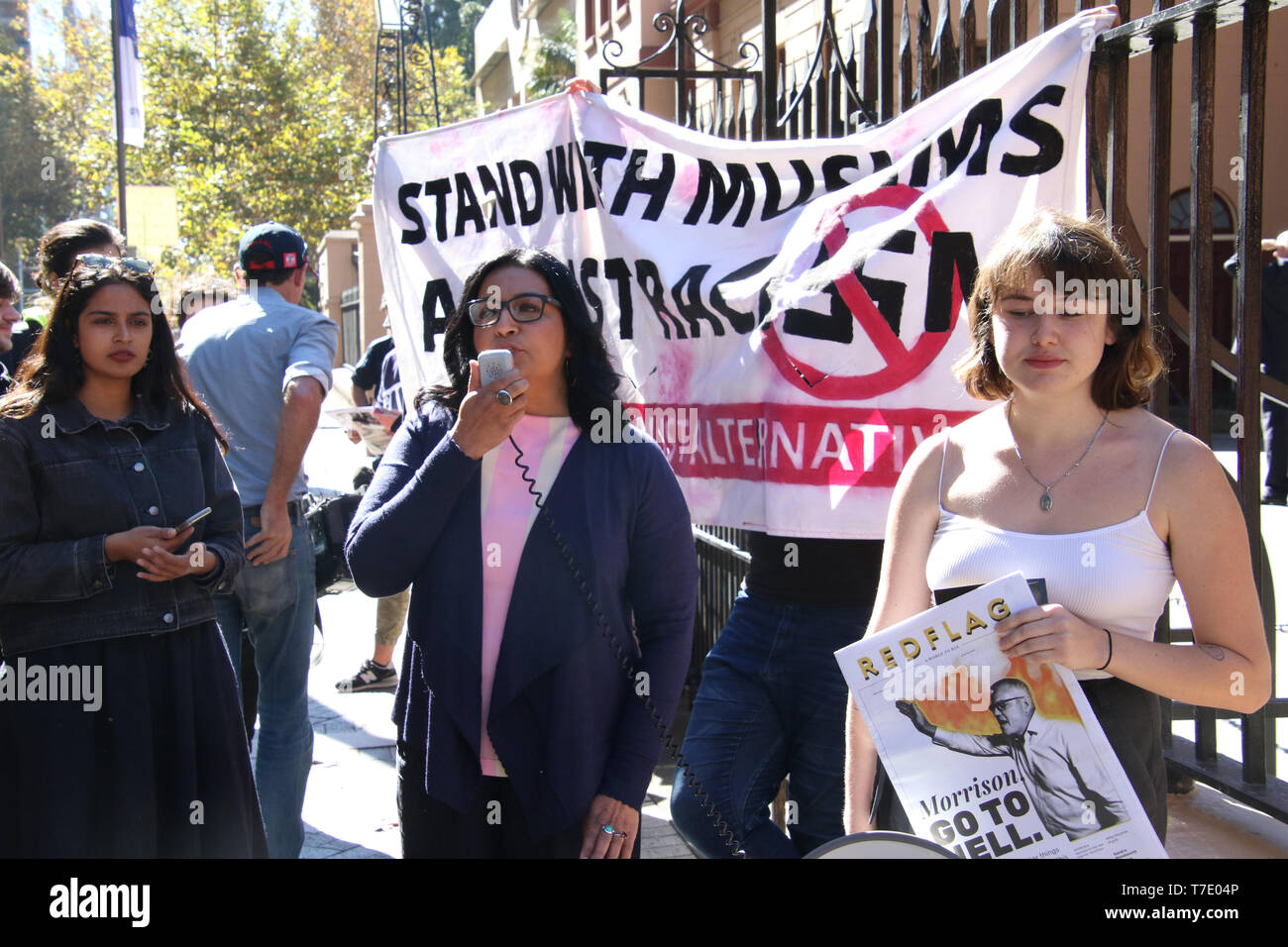 Sydney, Australia. 7th May 2019. ‘NUS Against Racism’ and ‘Unite Against the Far Right’ held a protest outside the NSW Parliament on Macquarie Street on the first sitting day of the NSW Legislative Council. Pictured: Senator Mehreen Faruqi, Australian Greens. Credit: Richard Milnes/Alamy Live News Stock Photo