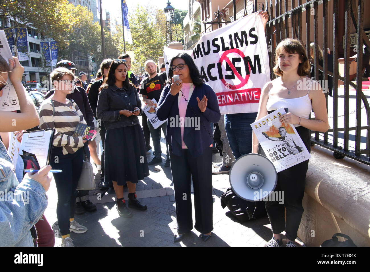 Sydney, Australia. 7th May 2019. ‘NUS Against Racism’ and ‘Unite Against the Far Right’ held a protest outside the NSW Parliament on Macquarie Street on the first sitting day of the NSW Legislative Council. Pictured: Senator Mehreen Faruqi, Australian Greens. Credit: Richard Milnes/Alamy Live News Stock Photo