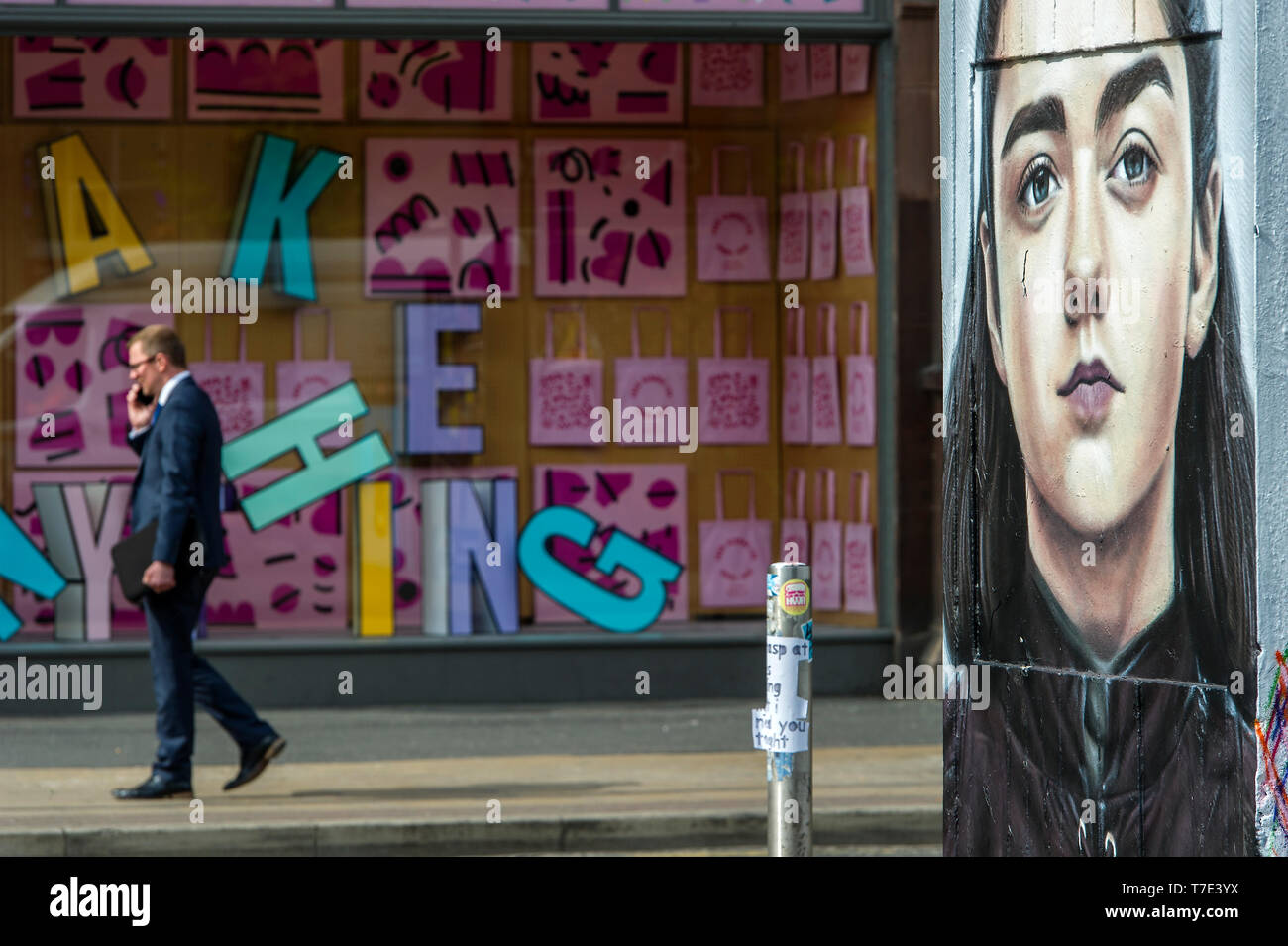 Manchester, UK. 7th May 2019. A new piece of street art has appeared in Stevenson Square in the Northern Quarter of Manchester, UK. The art work depicts the Game of Thrones character Arya Stark, played by actress Maisie Williams, and was created by artist Akse, the French-born street artist who has been living and working in Manchester since 1997. It's all part of outdoor public art project Outhouse MCR, which oversees the street art-rich part of the city centre. Credit: Paul Heyes/Alamy Live News Stock Photo