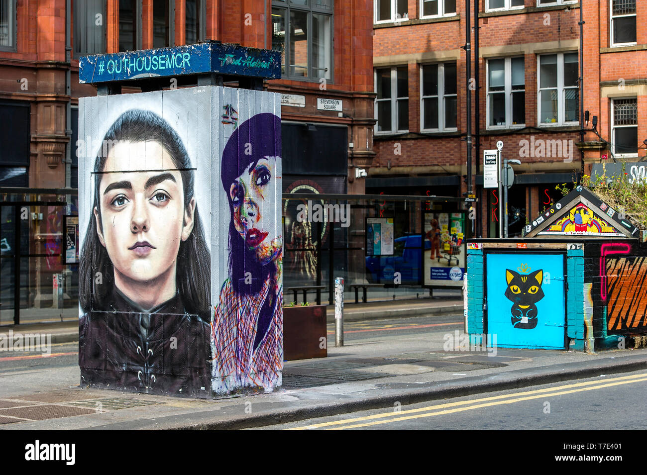 Manchester, UK. 7th May 2019. A new piece of street art has appeared in Stevenson Square in the Northern Quarter of Manchester, UK. The art work depicts the Game of Thrones character Arya Stark, played by actress Maisie Williams, and was created by artist Akse, the French-born street artist who has been living and working in Manchester since 1997. It's all part of outdoor public art project Outhouse MCR, which oversees the street art-rich part of the city centre. Credit: Paul Heyes/Alamy Live News Stock Photo