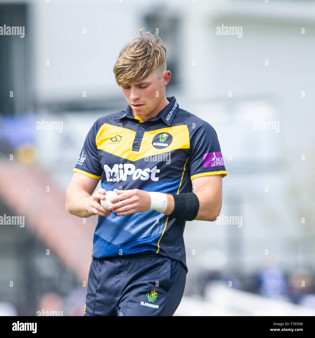 Brighton, UK. 7th May 2019 - Glamorgan bowler Dan Douthwaite during the Royal London One-Day Cup match between Sussex Sharks and Glamorgan at the 1st Central County ground in Hove. Credit : Simon Dack / Alamy Live News Stock Photo