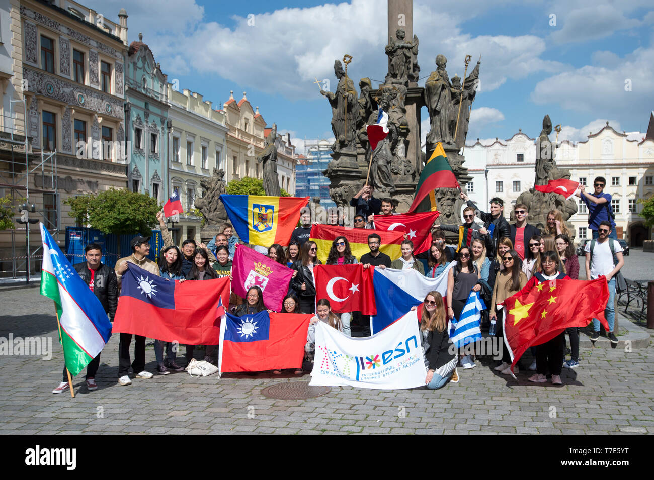 Pardubice, Czech Republic. 07th May, 2019. Foreign students in Pardubice  march during so called Flag Parade to celebrate the 15th anniversary of  Pardubice's Erasmus Student Network (ESN) and to support the Erasmus