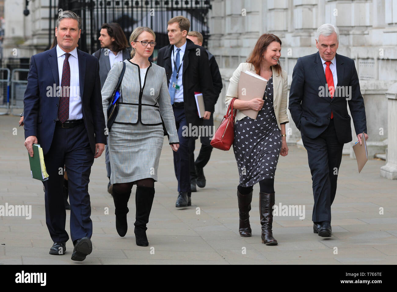 London, UK. 07th May, 2019. The Labour Party Brexit negotiating team on their way into the Cabinet Office in Westminster this afternoon. Left to right: Sir Keir Starmer, QC, MP, Shadow Secretary of State for Exiting the European Union, Shadow Business Secretary Rebecca Long-Bailey, MP, Shadow Environment Secretary Sue Hayman, MP, and John McDonnell, MP, Shadow Chancellor. Second row: Seumas Milne, strategic advisor. Credit: Imageplotter/Alamy Live News Stock Photo