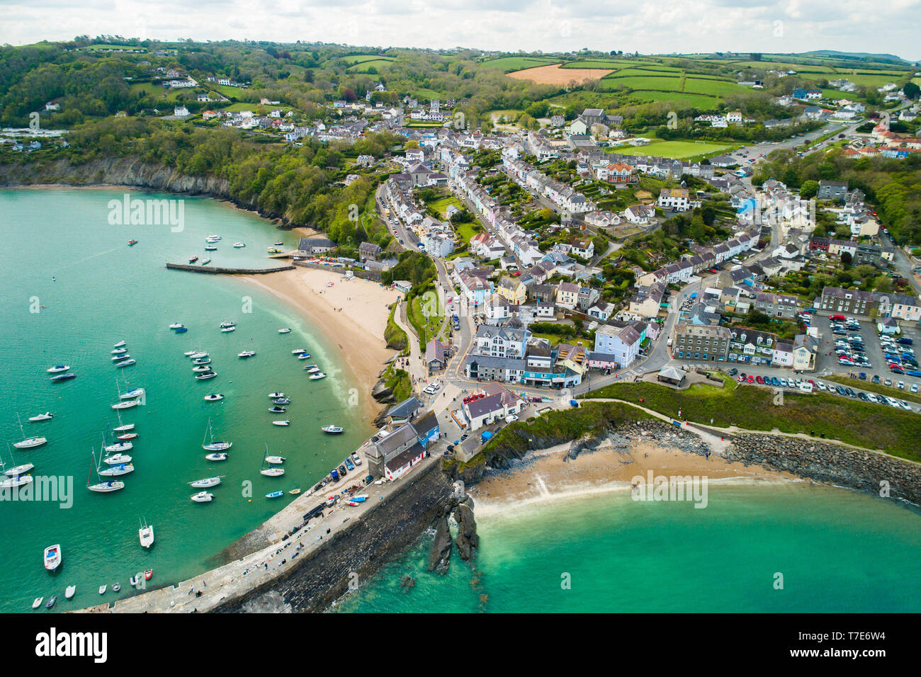 New Quay, Wales UK, Tuesday 07 May 2019  UK Weather: New Quay , a small coastal village on the shores of Cardigan Bay, from the air, on a day of sunshine and showers. New Quay was the inspration for the village of 'Llareggub' in Dylan Thomas's  classic poem 'under Milk Wood'. Photo credit: Keith Morris/Alamy Live News Stock Photo