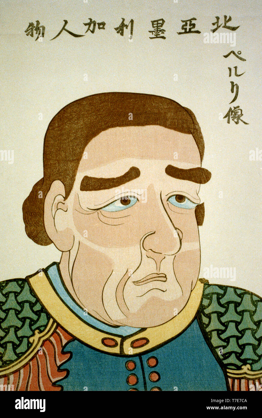 Head and Shoulders Portrait of Admiral Matthew Perry, Japanese Print, 1854 Stock Photo