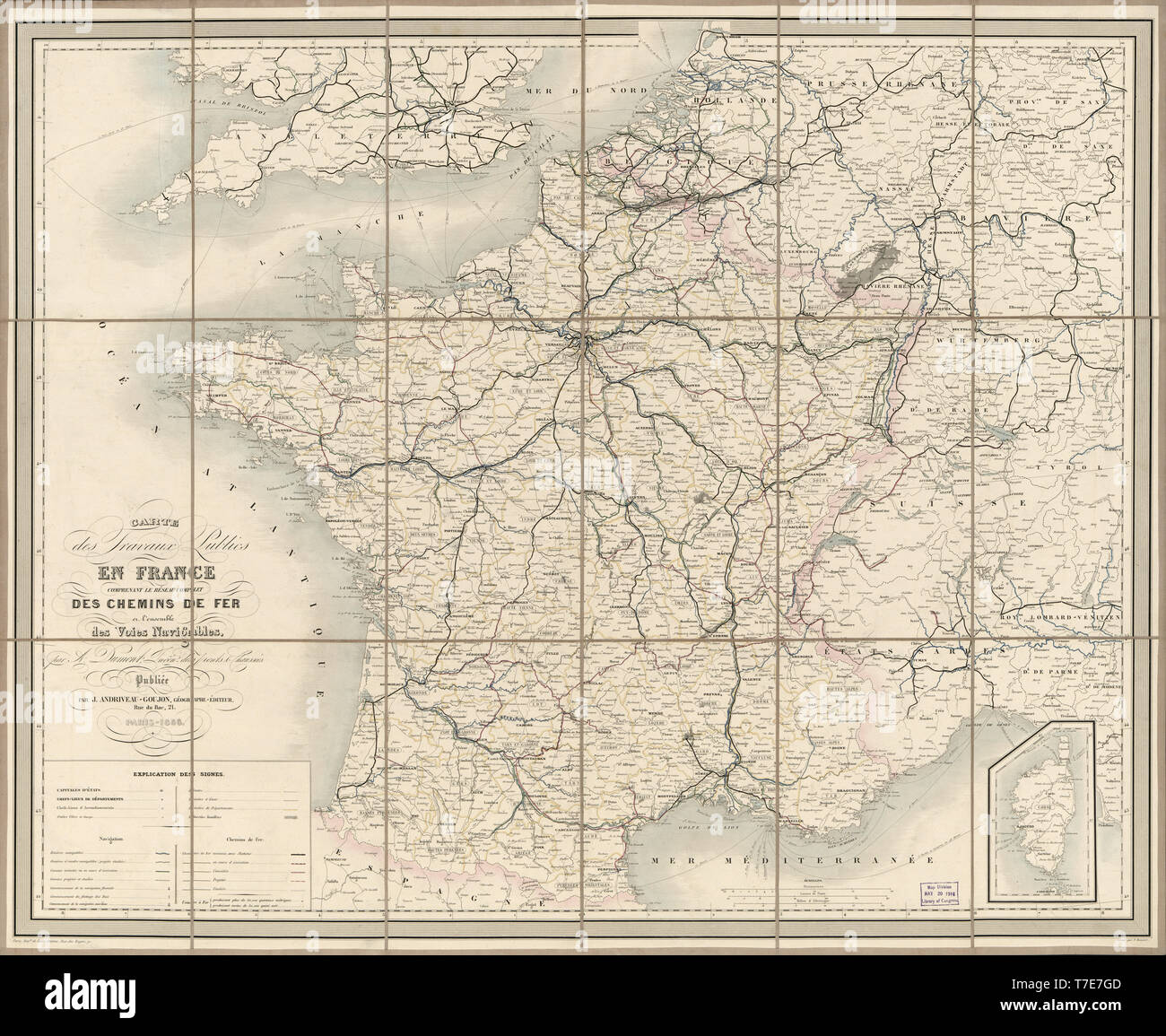 Map of public works in France including the complete network of railways in all the waterways, Published by J. Andriveau-Goujon, 1856 Stock Photo