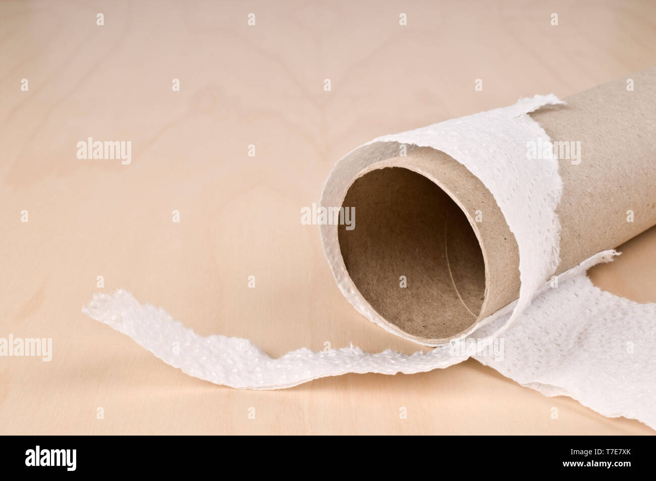 Empty paper towell roll on wooden table. Selective focus. Stock Photo