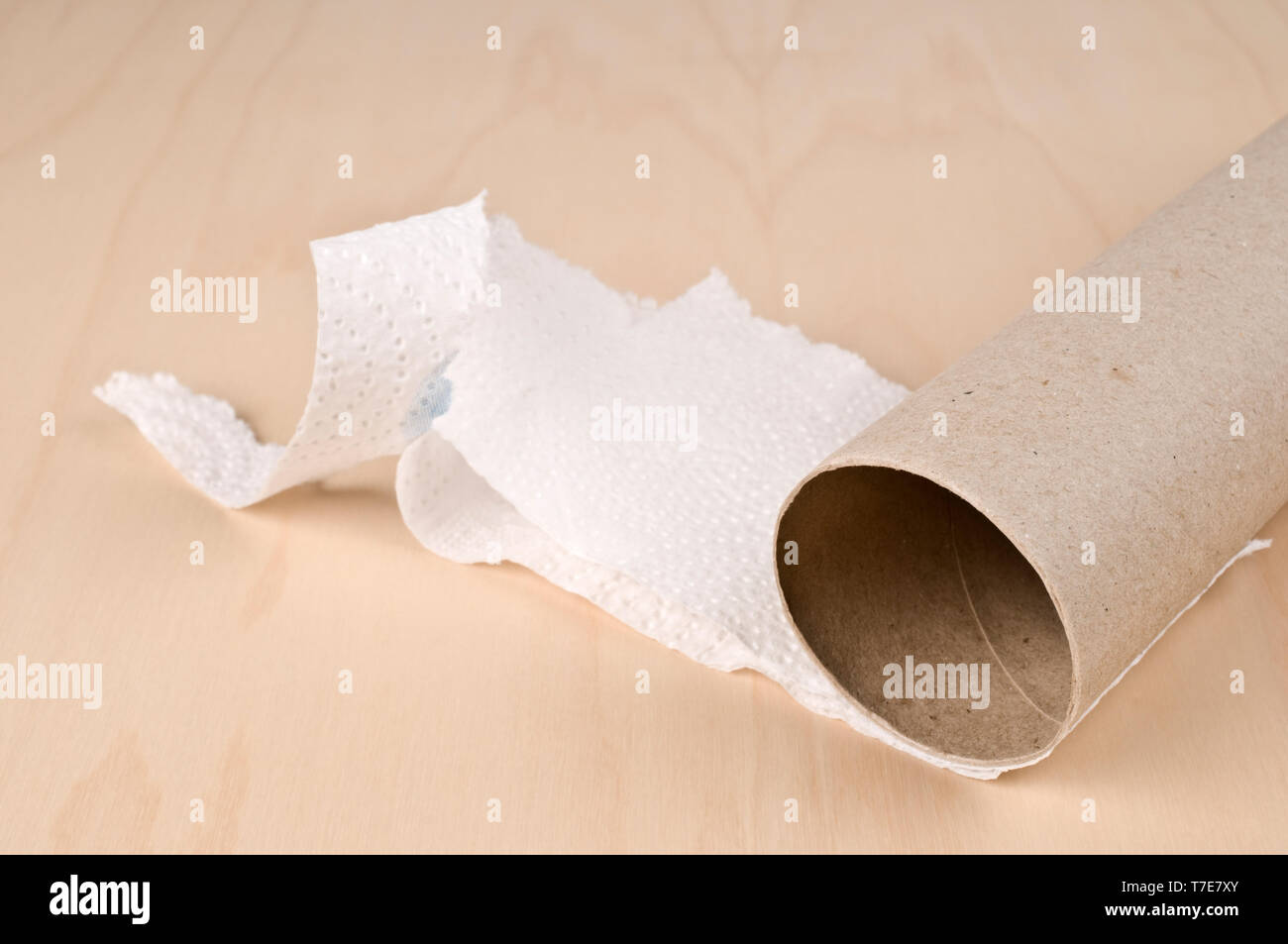 Empty paper towell roll on wooden table. Selective focus. Stock Photo