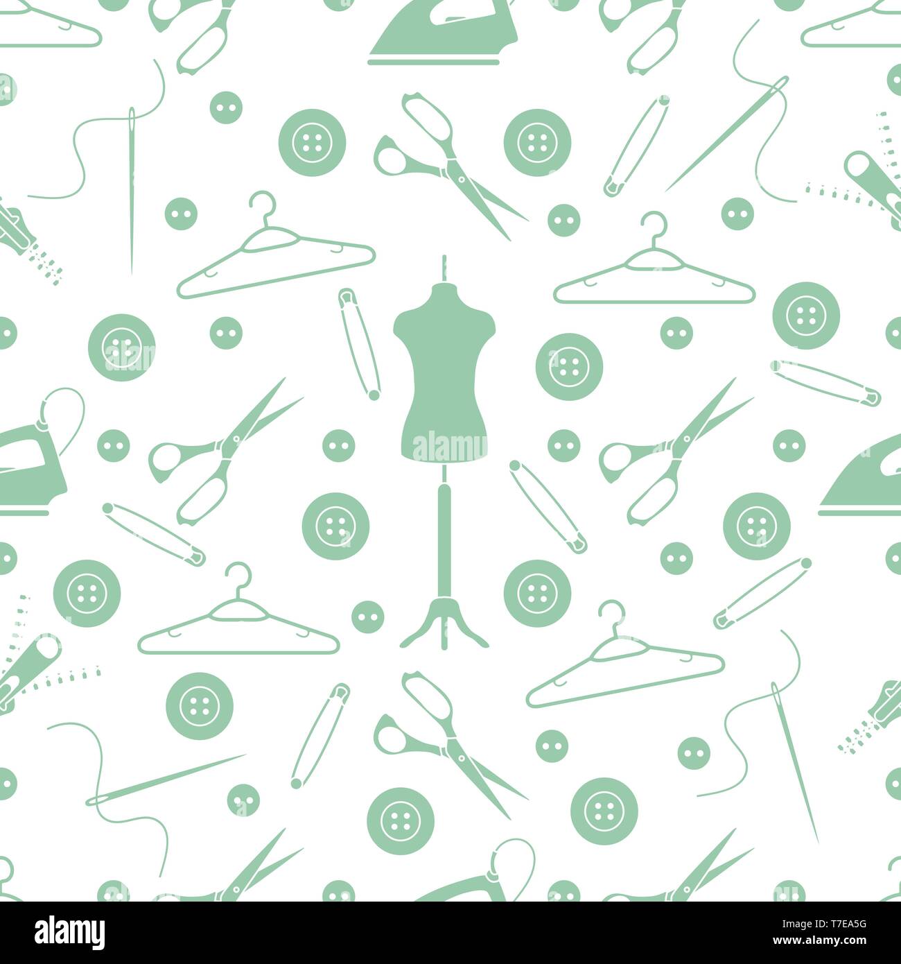 Vector seamless pattern with tools and accessories for sewing. Template