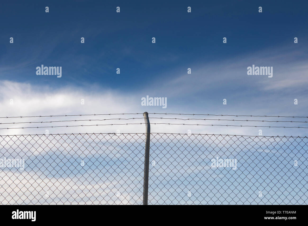 Wire fence with a blue sky with clouds of background Stock Photo - Alamy