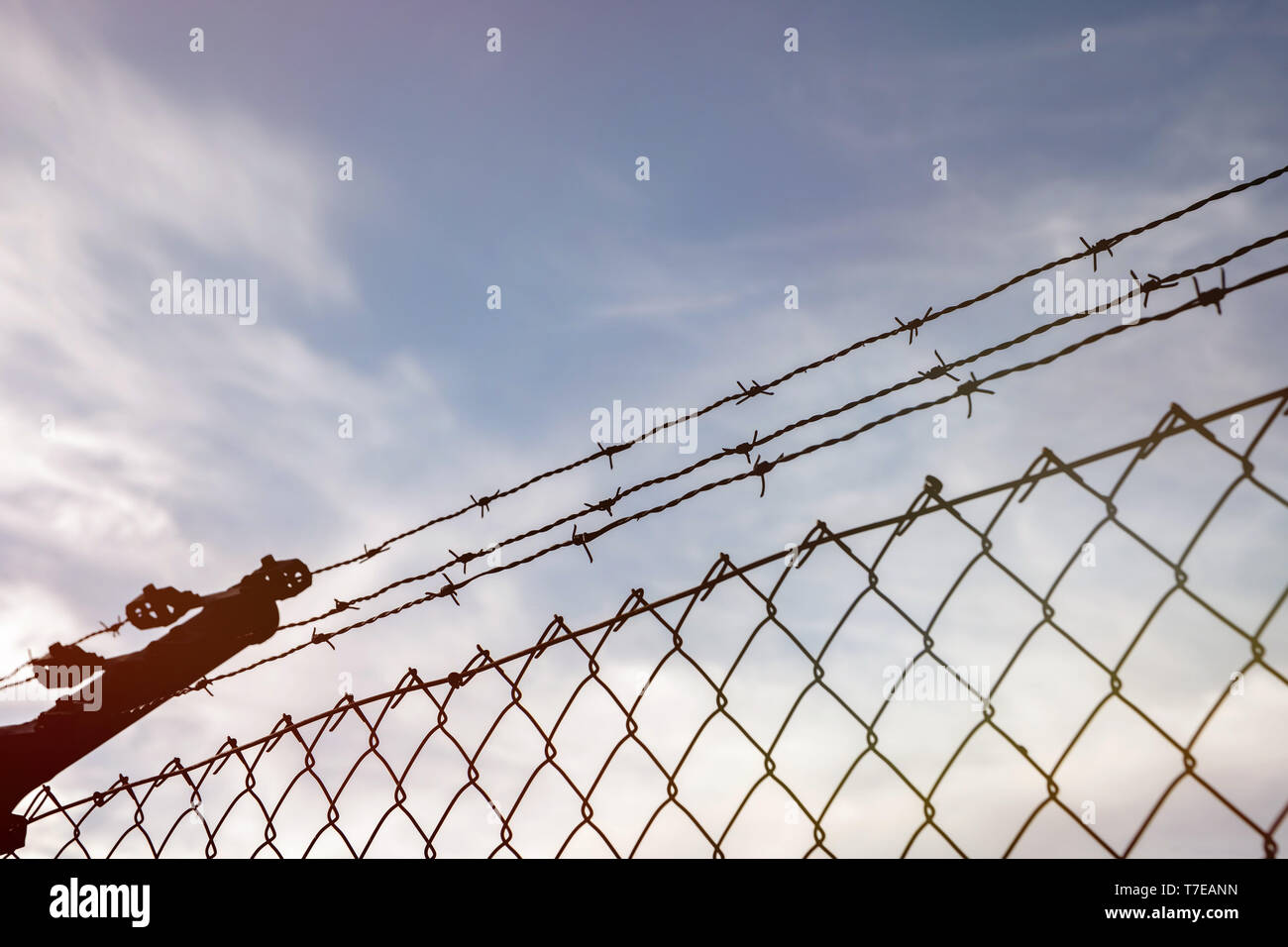 Wire fence with a blue sky with clouds of background Stock Photo - Alamy