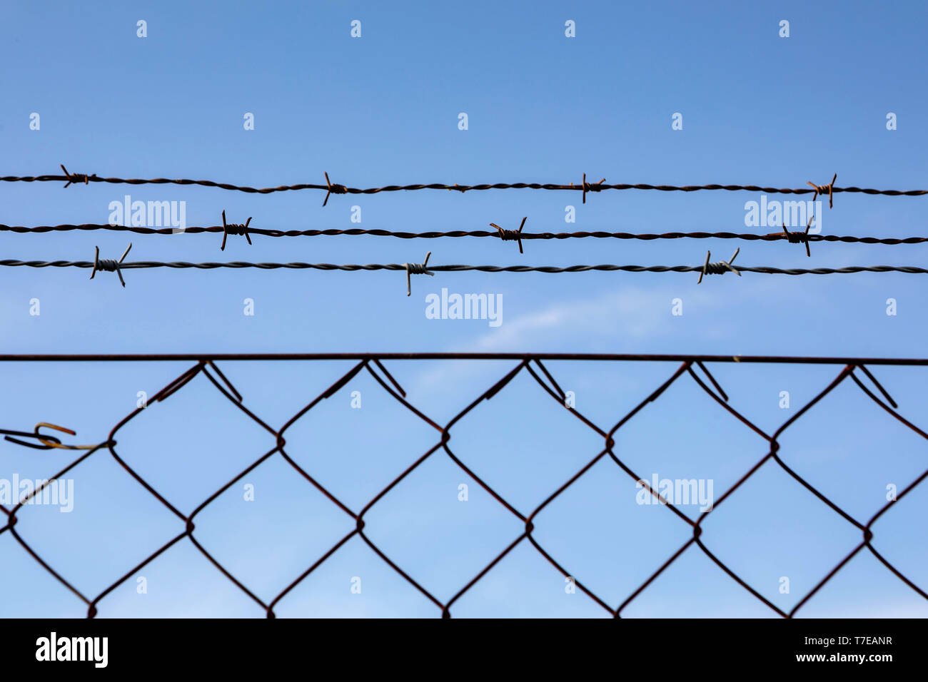 Wire fence with a blue sky with clouds of background Stock Photo - Alamy