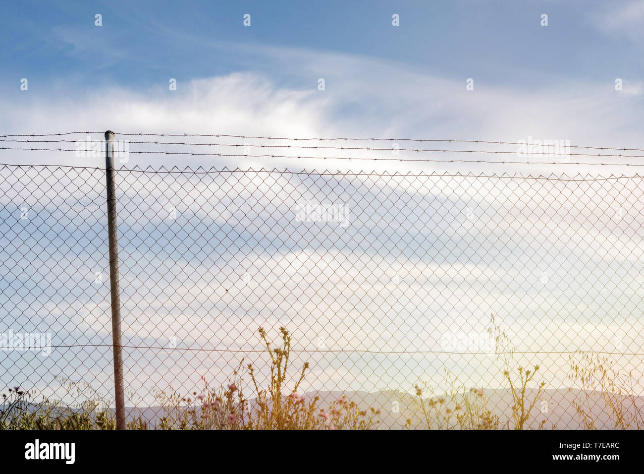 Wire fence with a blue sky with clouds of background Stock Photo - Alamy