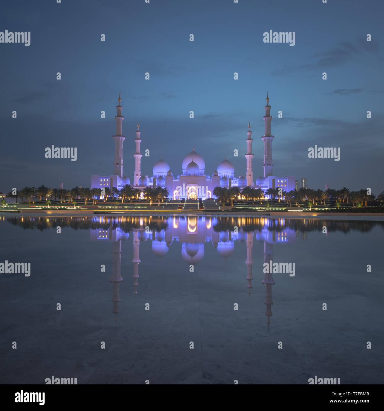Square format of a wide  angle view of the Great Mosque of Abu Dhabi at night with reflection over a water, United Arab Emirate Stock Photo