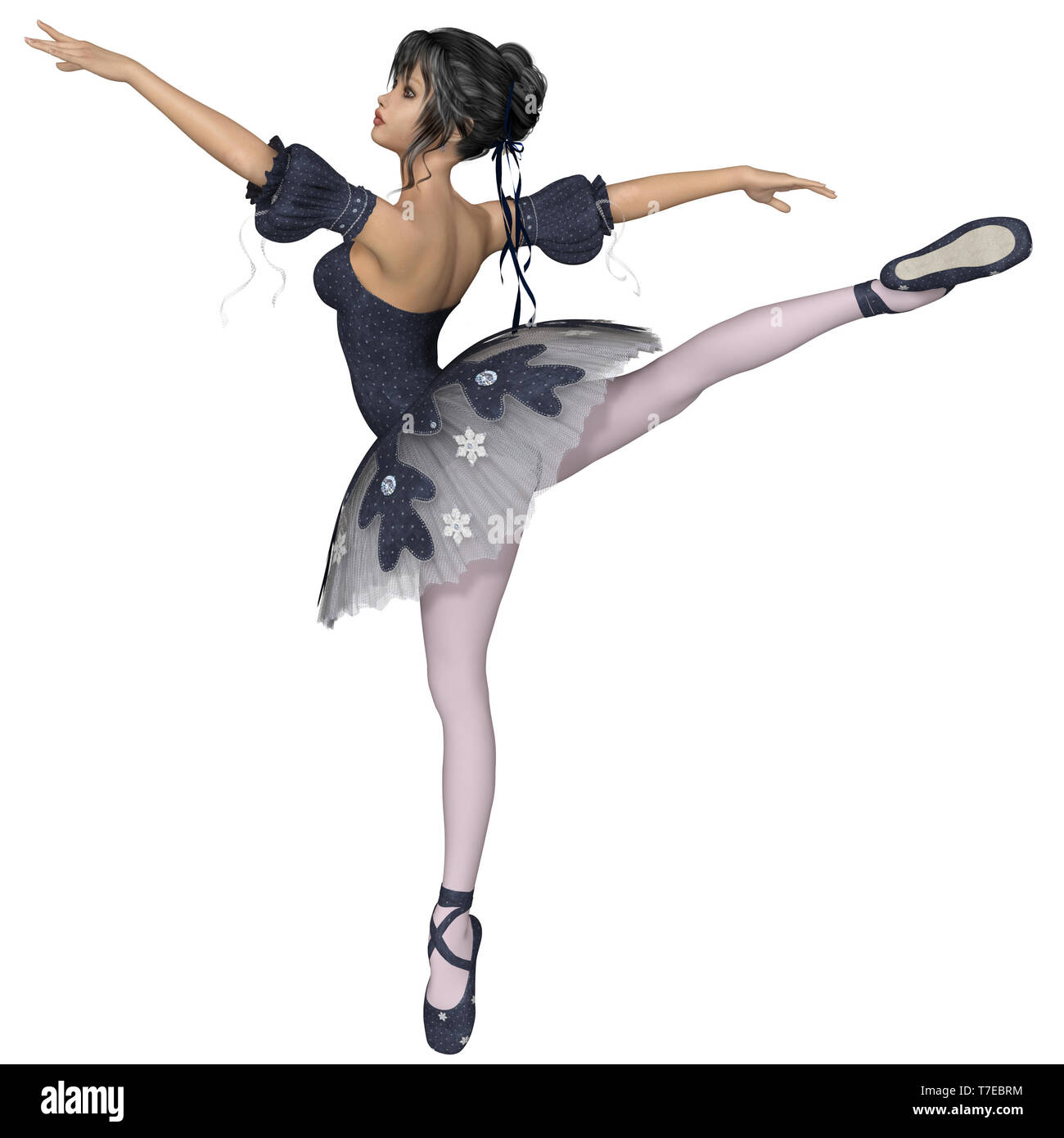 Ballerina in Dark Blue Snowflake Tutu Arabesque Pose Stock Photo
