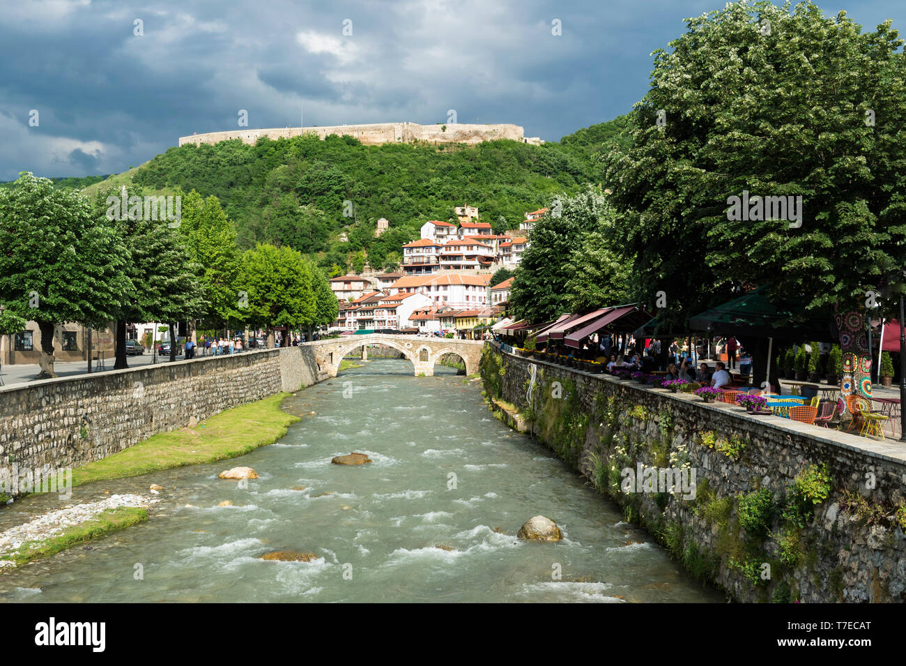 Bistrica river with stone bridge and fortress, Prizren, Kosovo Stock Photo