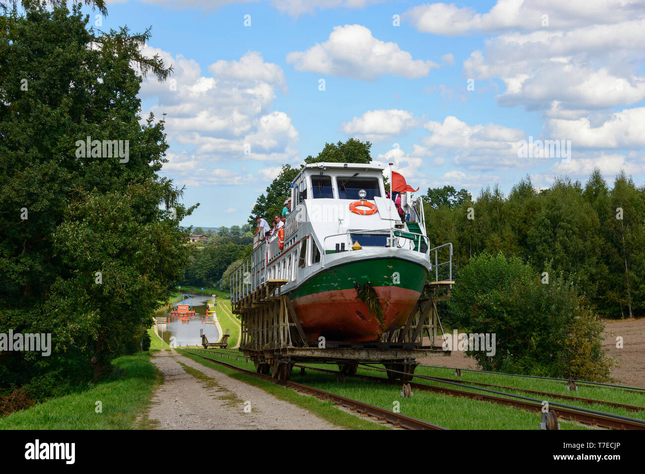 Ship Ostroda, Olesnica, Elblag-Ostroda Canal, Warmia Masuria, Poland Stock Photo