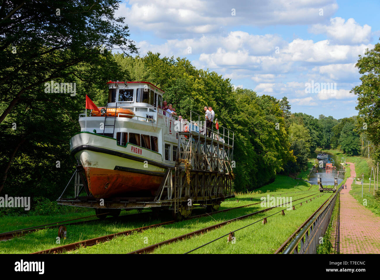 Ship Pingwin, Buczyniec, Elblag-Ostroda Canal, Warmia Masuria, Poland Stock Photo