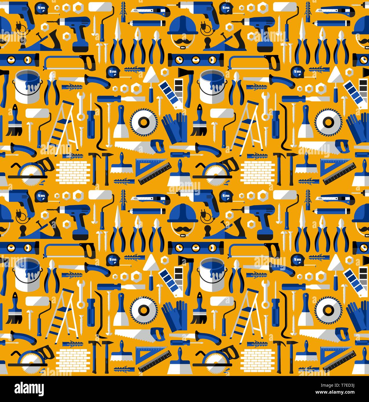 Color seamless pattern of building tools, flat style. Stock Vector