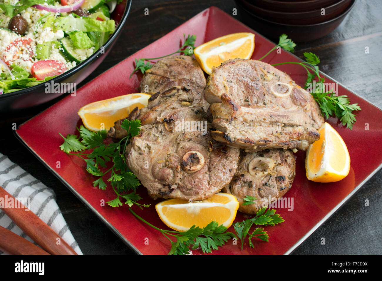 Grilled Lamb Chops with Greek Salad Stock Photo - Alamy