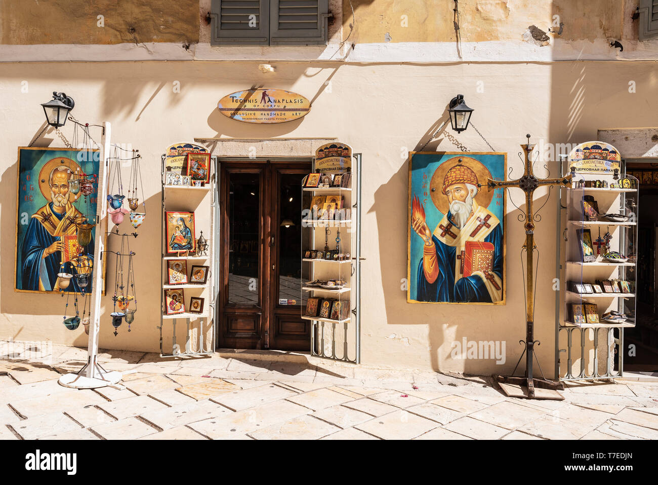 images of saints, devotional objects, souvenir shop, old town, Kerkyra, Corfu Island, Ionian Islands, Greece Stock Photo