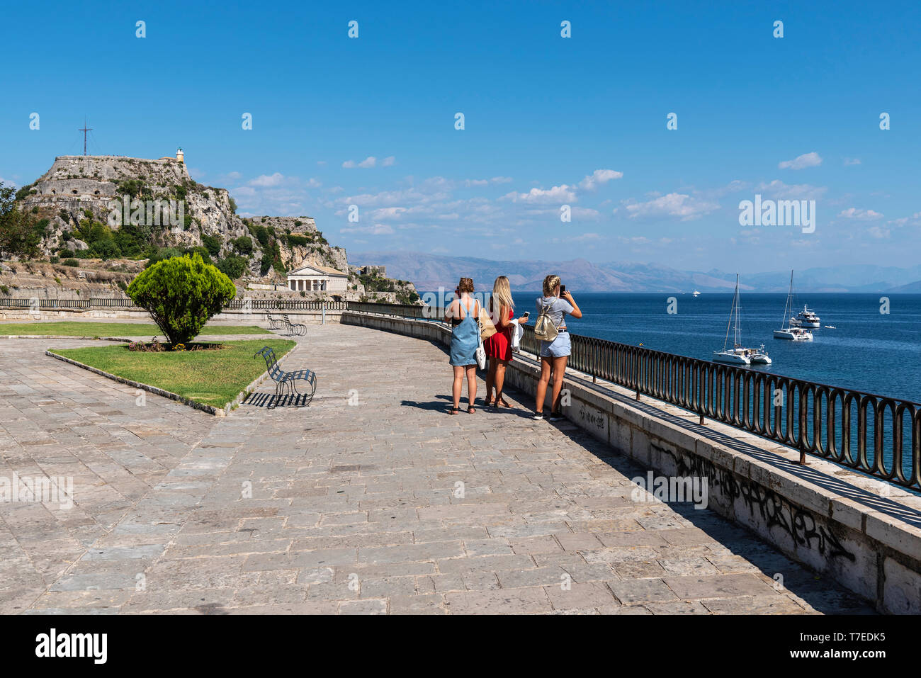 waterside promenade, old fortress, Kerkyra, Corfu Island, Ionian Islands, Mediterranean Sea, Greece Stock Photo