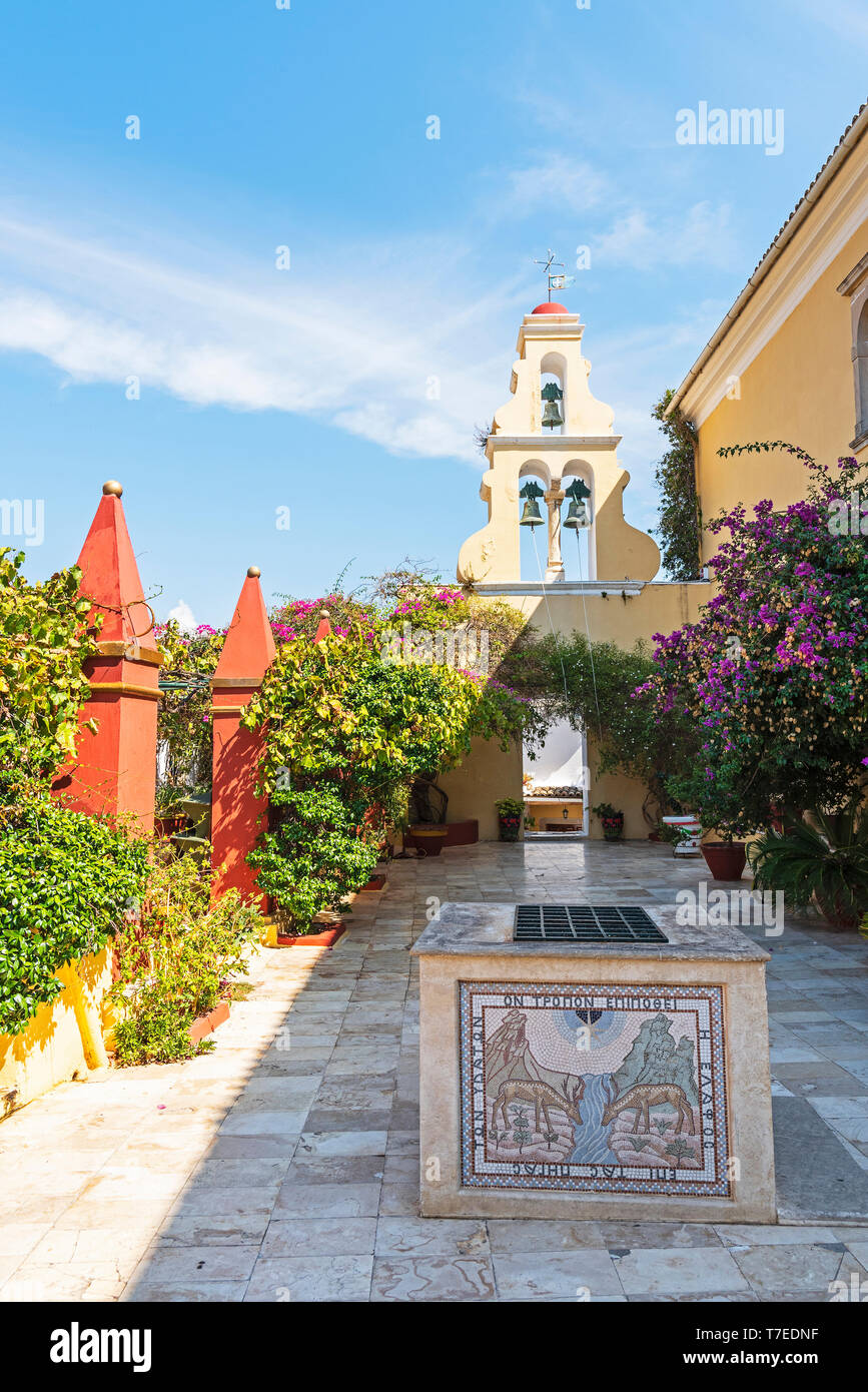 bell tower, courtyard, Panagia Theotokos, monastery, Paleokastritsa, Corfu Island, Ionian Islands, Greece Stock Photo