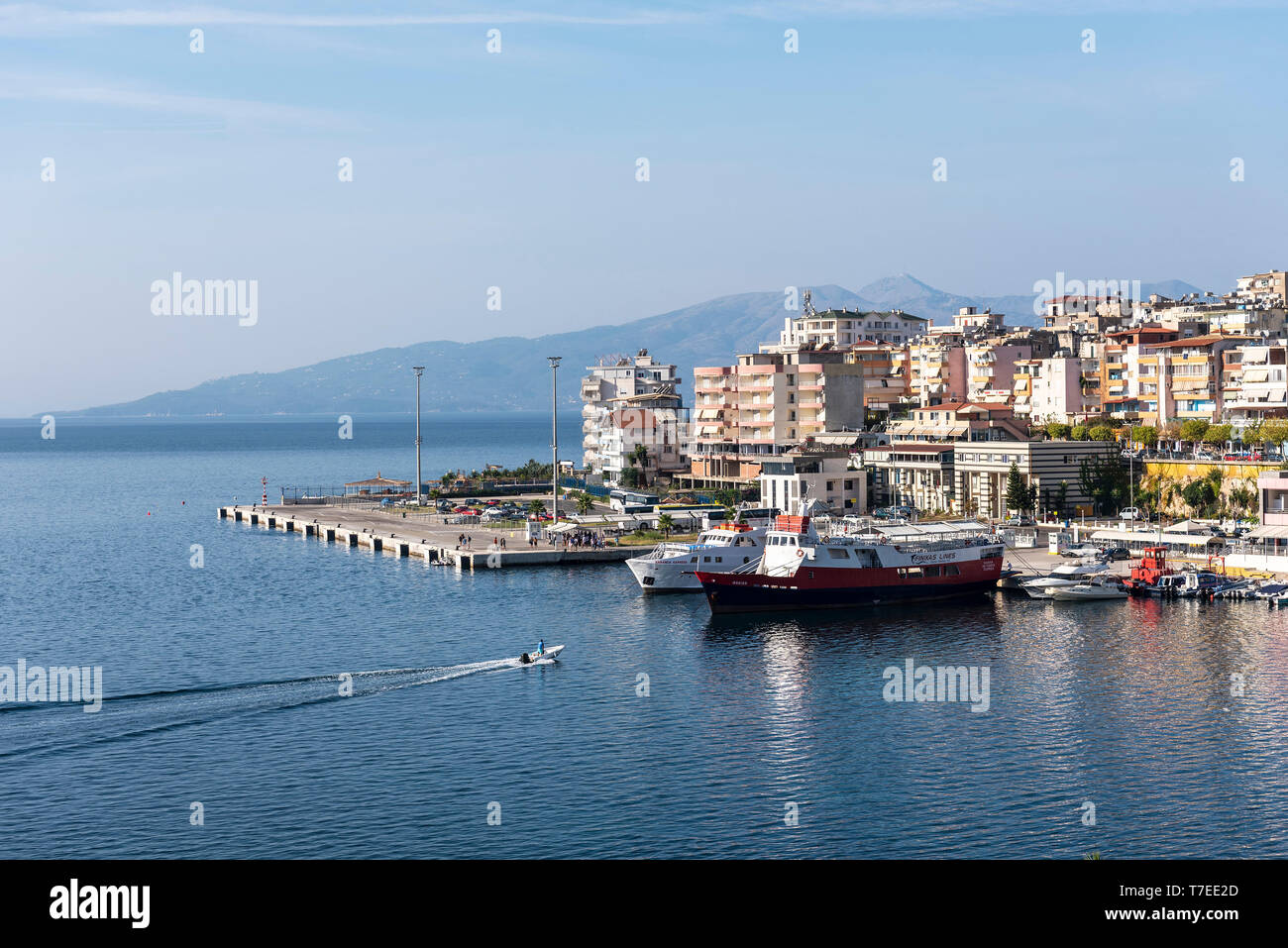 ferry port, Saranda, Ionian Sea, Albania Stock Photo