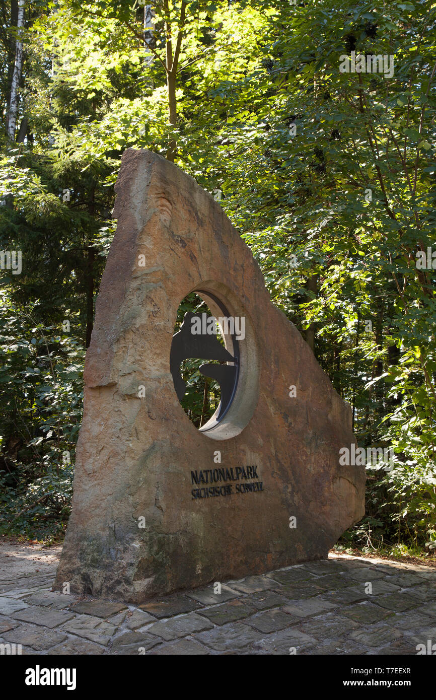 Stone on rise to the Bastei, Saxon Switzerland National Park, Saxony, Germany, Europe Stock Photo