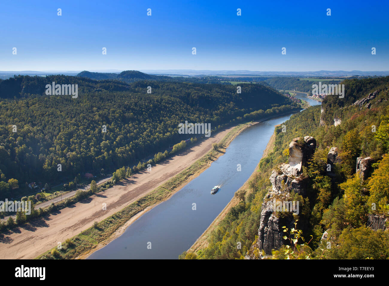 View from Bastei to Elbe river, Elbe Sandstone Mountains, Saxon Switzerland, Saxony, Germany, Europe Stock Photo