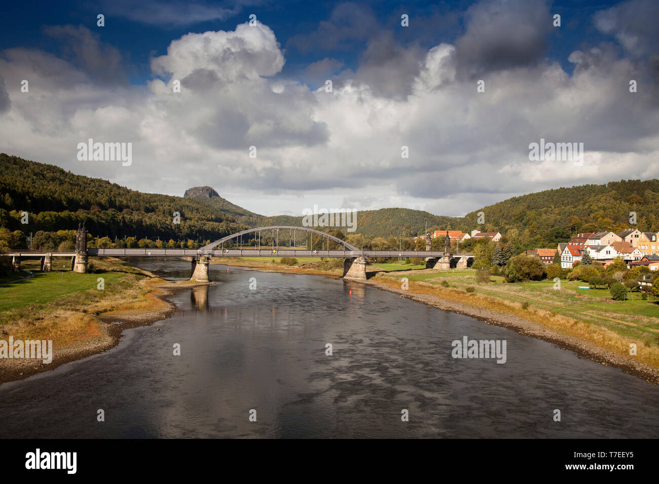 Carola Bridge over river Elbe, Bad Schandau, Saxon Switzerland, Saxony, Germany, Europe Stock Photo