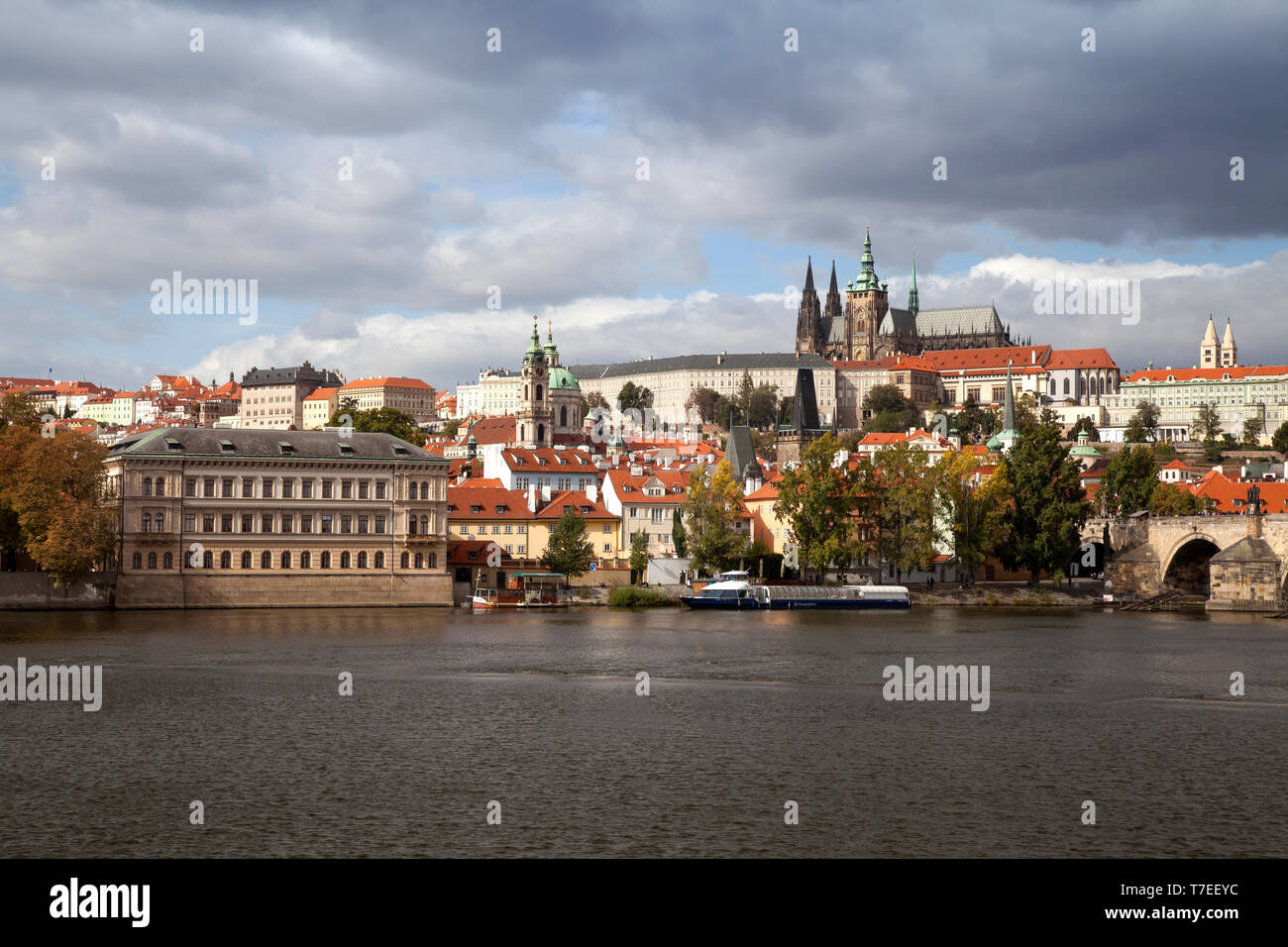 Prague Castle with St. Vitus Cathedral, mountain Hradcany, river Vltava, Prague, Czech Republic, Europe Stock Photo