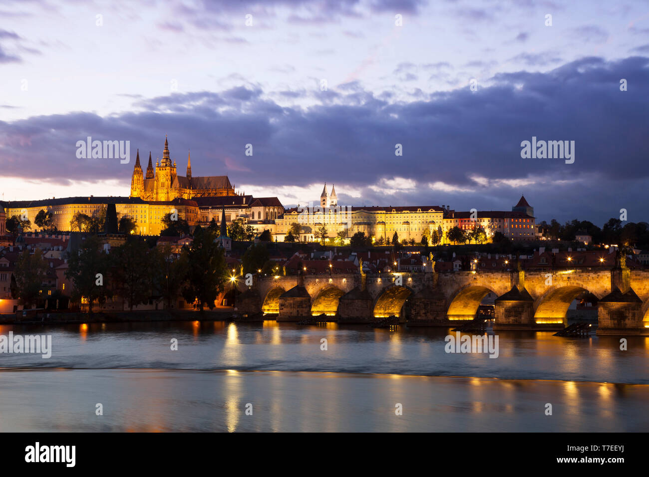 Charles Bridge with Prague Castle and St. Vitus Cathedral, Prague, Czech Republic, Europe Stock Photo