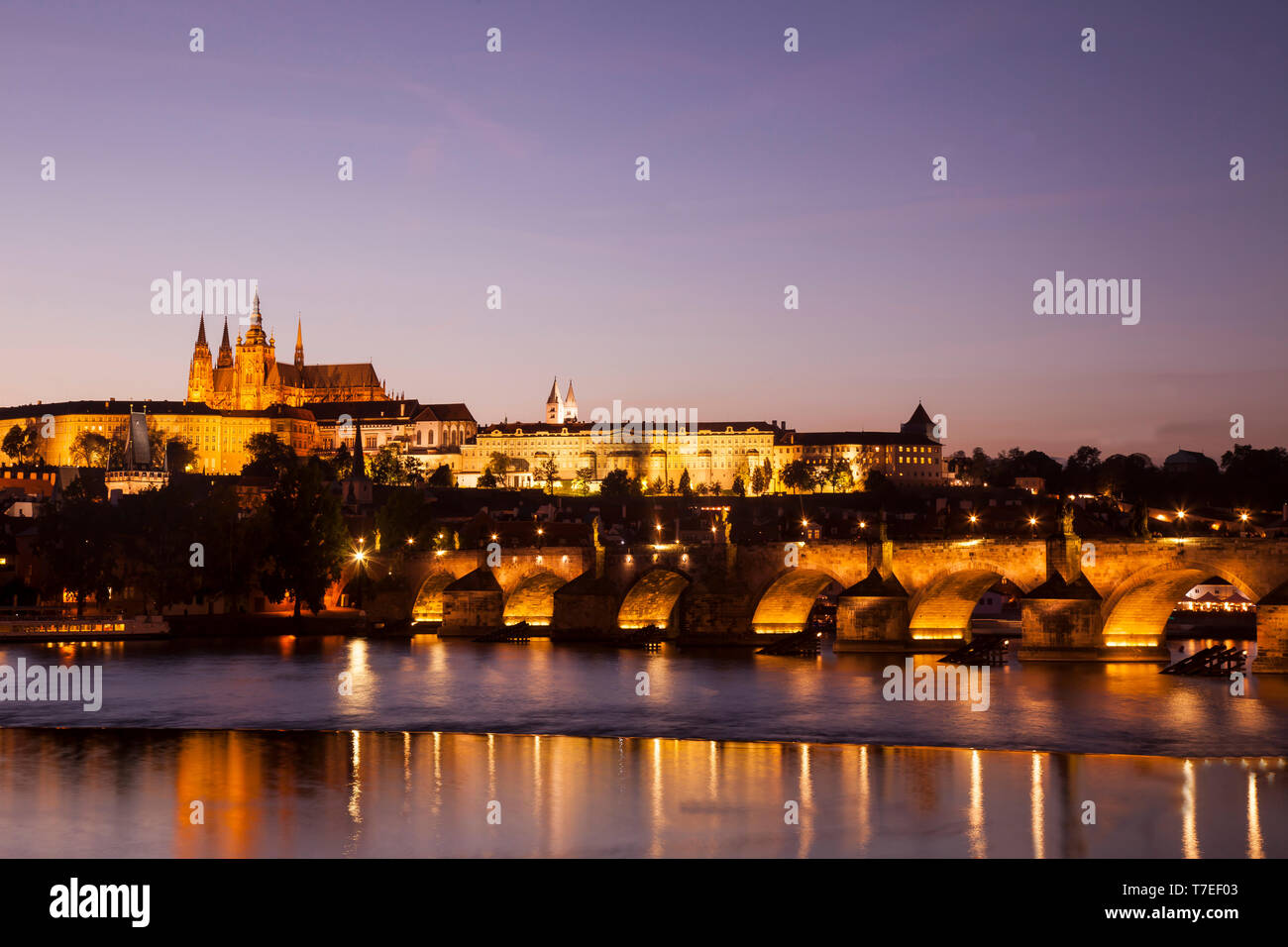 Charles Bridge with St. Vitus Cathedral, Prague, Czech Republic, Europe Stock Photo